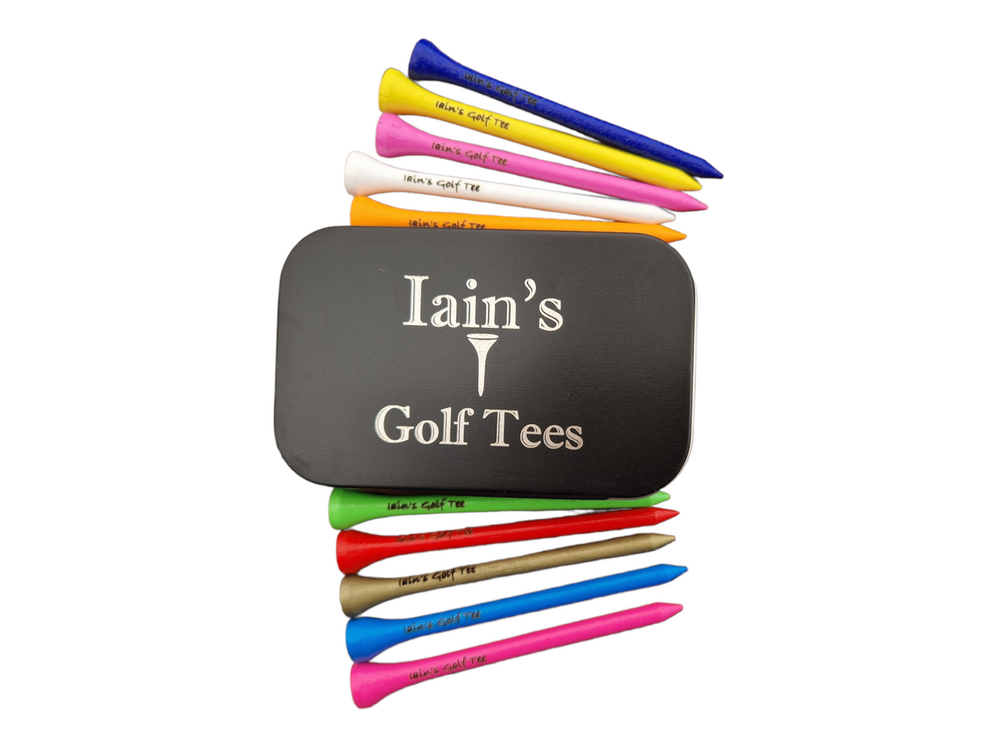 Black personalised golf tee tin featuring the text "Iain's Golf Tees" with the image of a golf tee in the centre of the tin. Above and below the tin are 10 coloured golf tees Colours are as follows starting from the top of the image royal blue, neon yellow, fuchsia pink, white, neon orange, neon green, red, gold, neon blue, neon pink. Laser engraved into the tees is the text "Iain's Golf Tees".