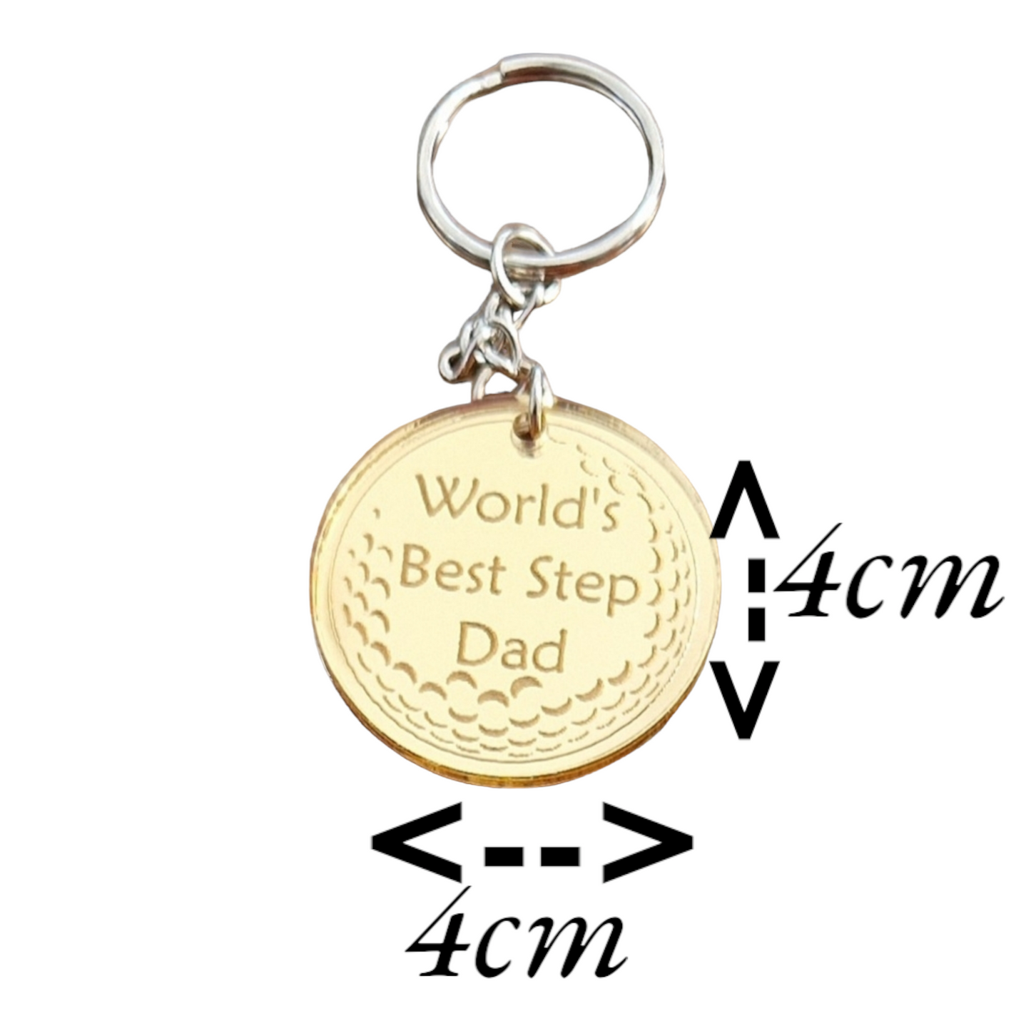 Gold mirror acrylic circle with the partial image of a golf ball with the text "World's Best Step Dad". Attached to the circle is a metal keychain. Image shows the dimensions of the keyring