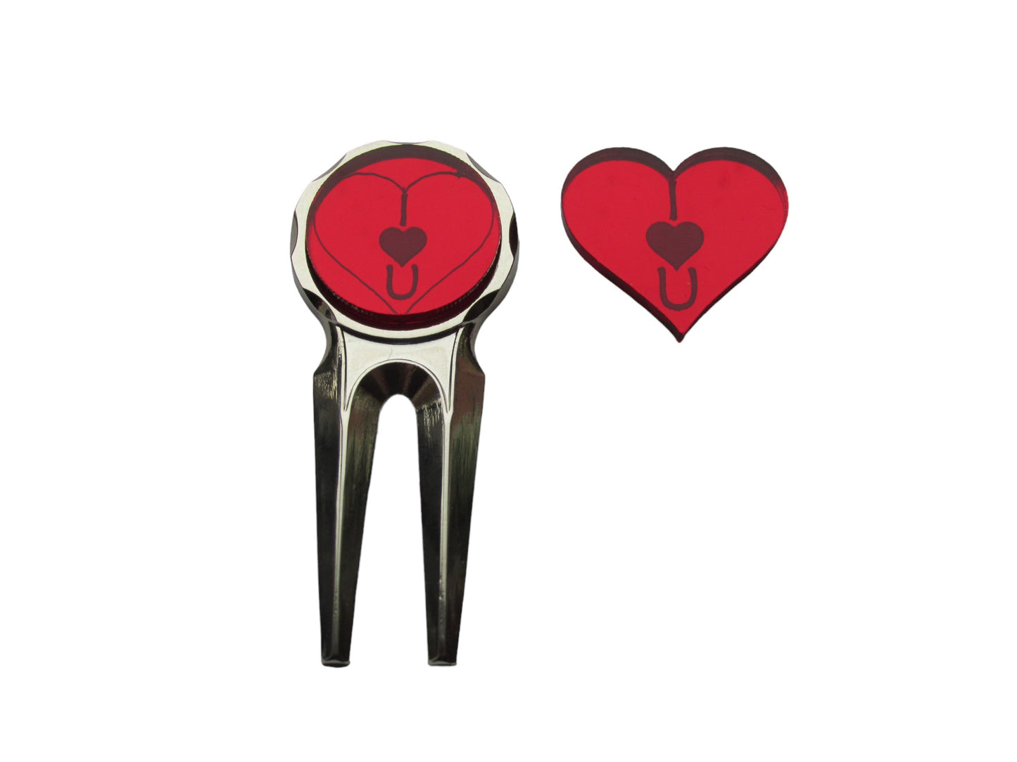 a metal pitch repairer with a red mirror acrylic circle at the top with "IU" and a heart engraved into the outline of a heart. A red heart shaped ball marker with "IU" and a heart engraved into it