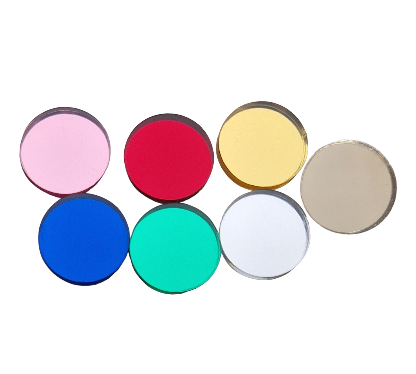 colour options (left to right, top, then bottom) pink, red, gold, bronze, blue, green, silver