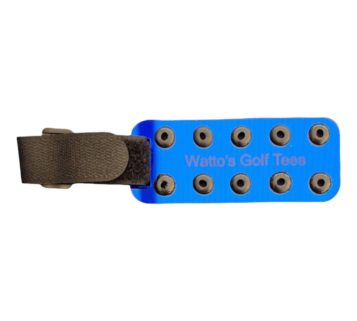 Blue mirror acrylic golf tee holder with the text Watto's Golf Tees on the holder and a black velcro strap.