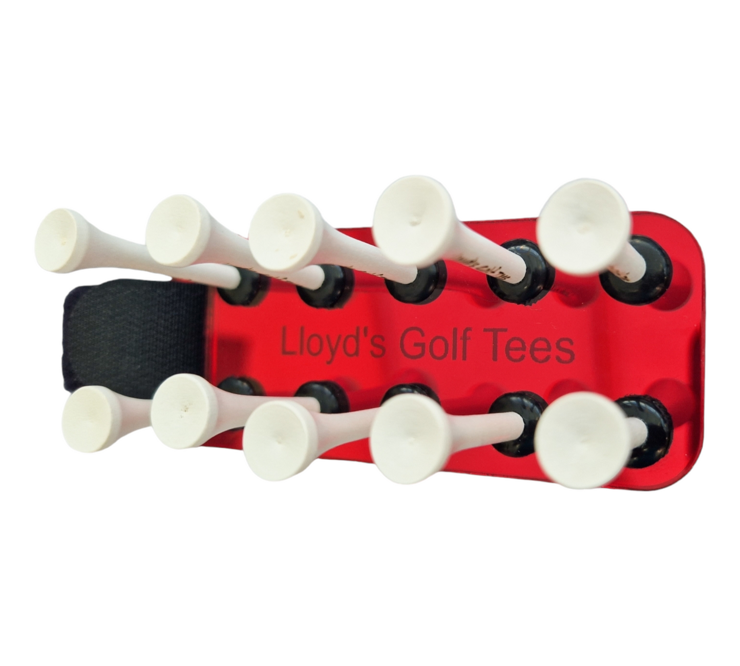 Red personalised mirror acrylic golf tee holder with 10 tees inside the holder. There is a black velcro hanging strap. The holder is personalised with the text Lloyd's Golf Tees