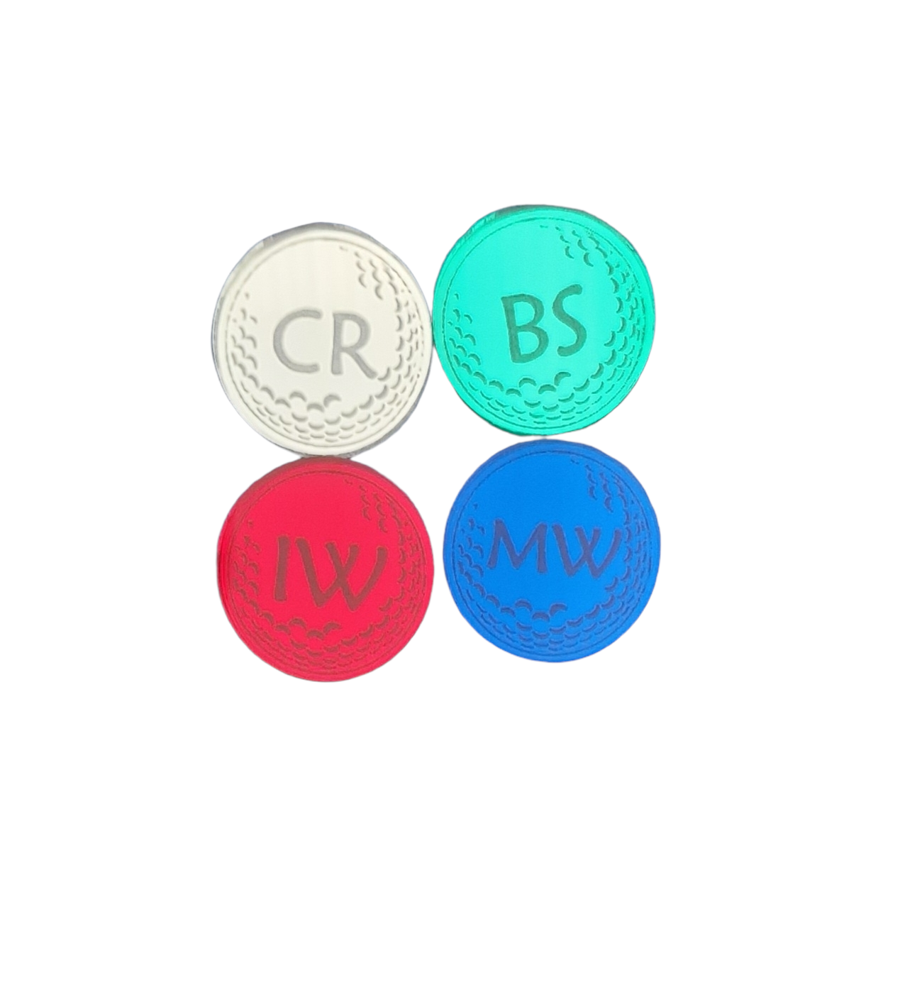 4 ball markers laser engraved with the image of a golf ball and personalised with 2 initials. Colours top left to right silver, green. Bottom left to right red, blue