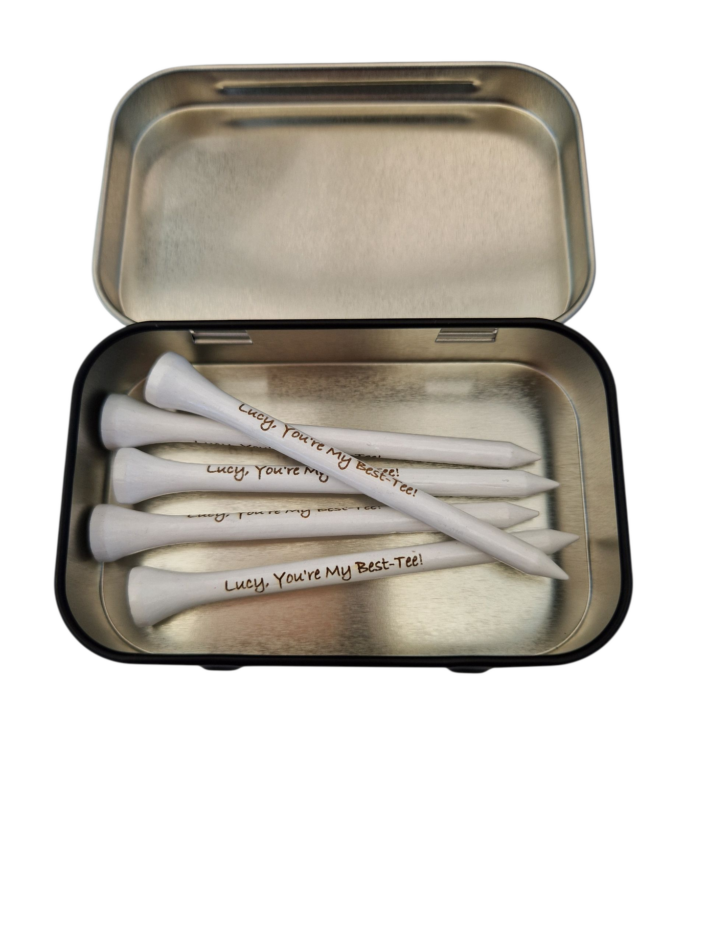 5 golf tees in a tin with the text "Lucy, You're My Best-Tee!" laser engraved into them.