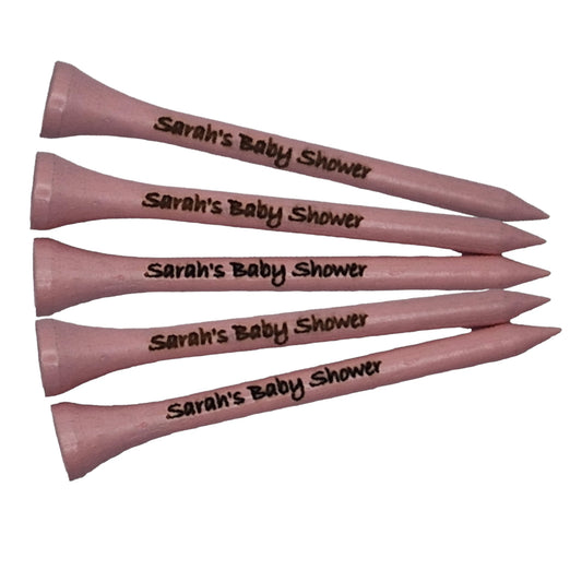 5x70mm light pink golf tees laser engraved with the text "Sarah's Baby Shower"