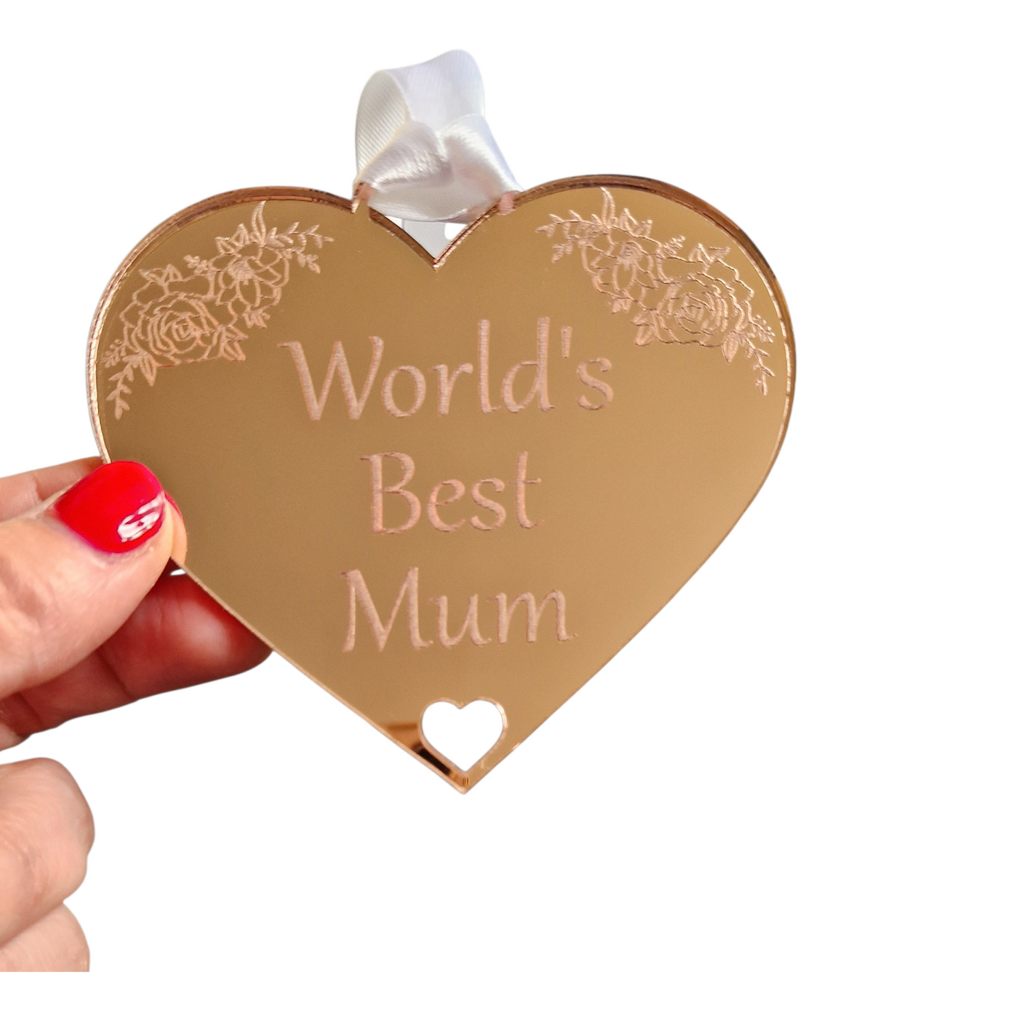 Mother's Day Hanging Heart Decoration/Gift Tag in rose gold held in a hand