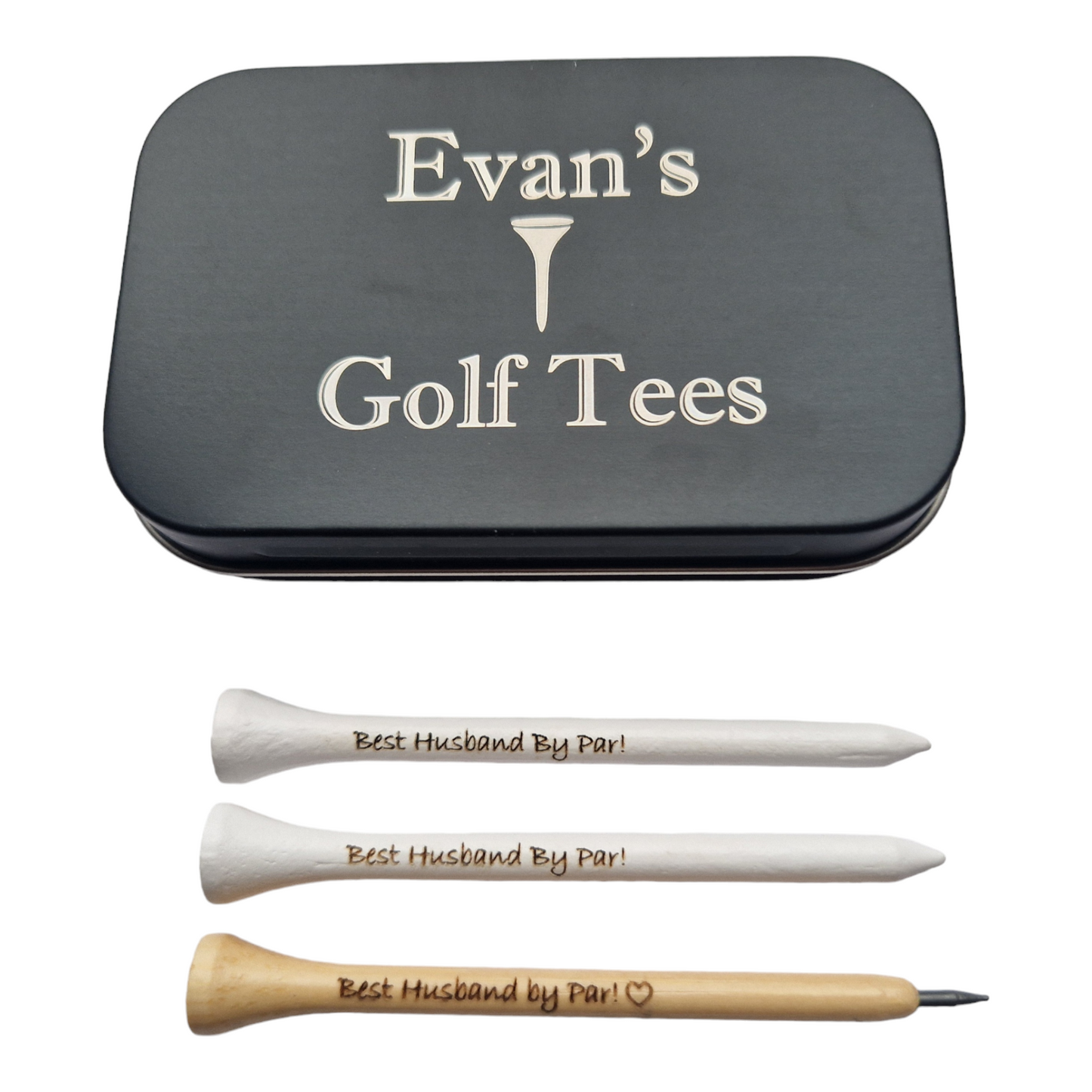 Personalised 83mm Tees with a Novelty Golf Pencil in a Tin