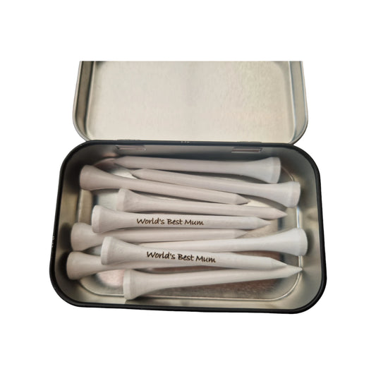 An open tin with 10x70mm golf tees with the text "World's Best Mum" laser engraved into them