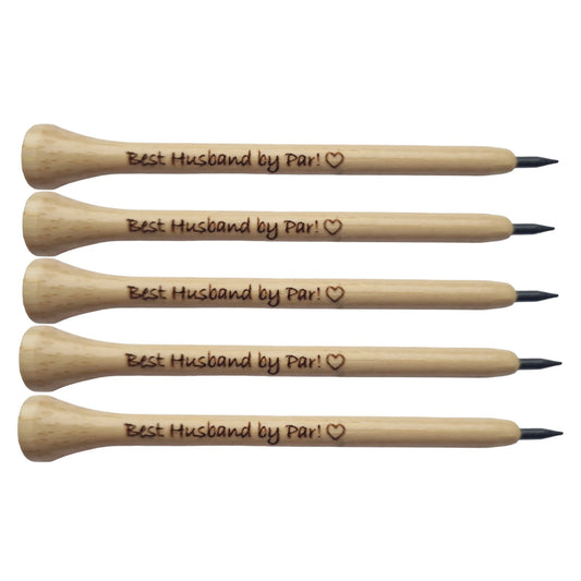 5 wooden pencils shaped like golf tees with pencil lead at the tip with the text "Best Husband by Par!" and the outline of a heart laser engraved into them