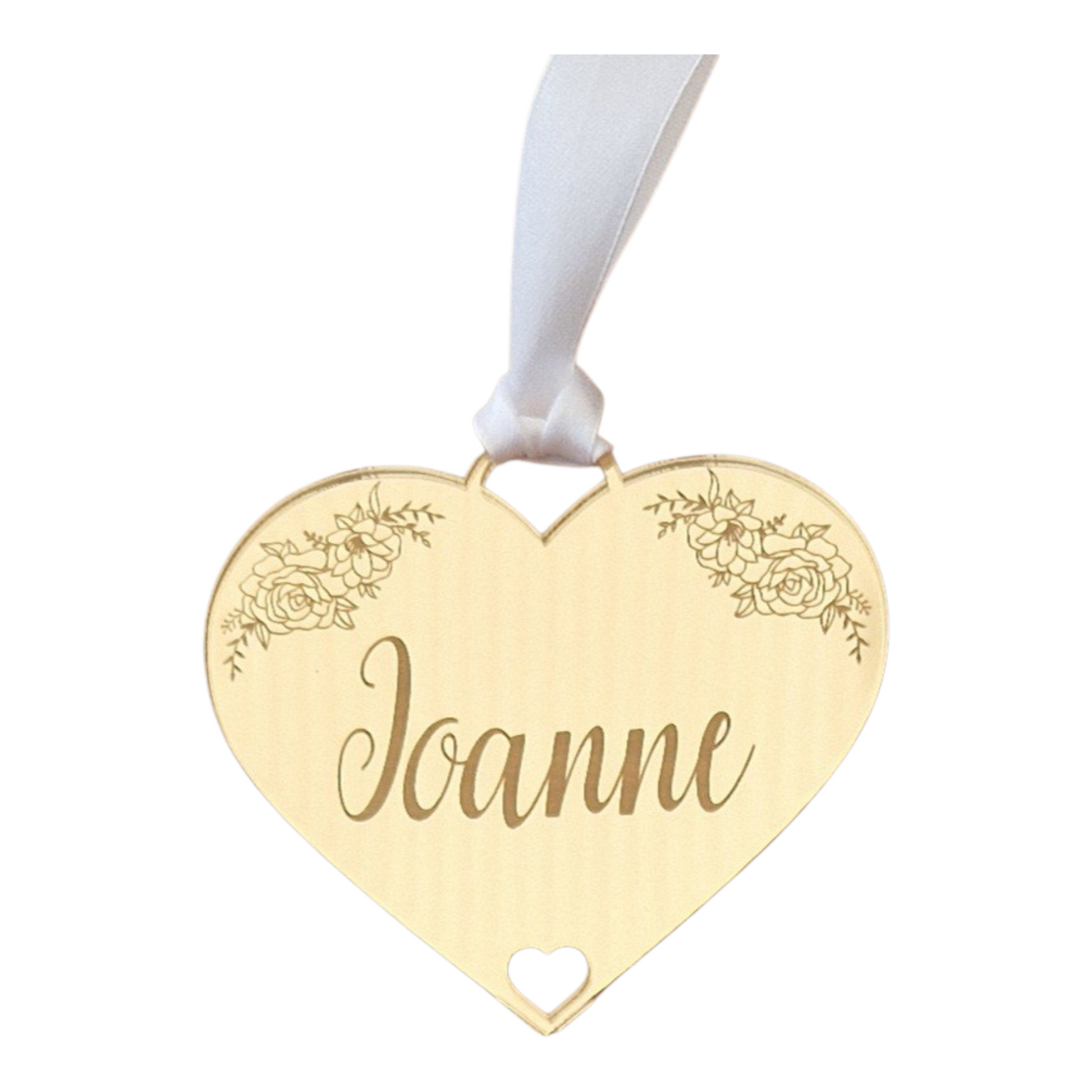 Personalised Heart Gift Tag in gold with the name Joanne laser engraved into it