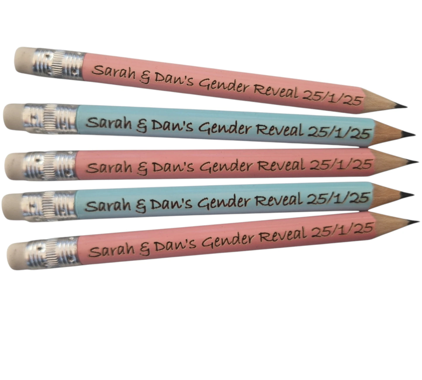 3 light pink mini pencils and 2 light blue mini pencils with the text "Sarah & Dan's Gender Reveal 25/1/25" laser engraved into them.