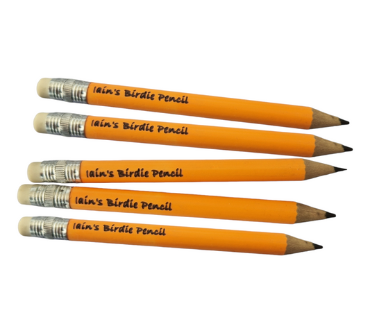 Personalised mini orange pencils with the text "Iain's Birdie Pencil" engraved on to them,