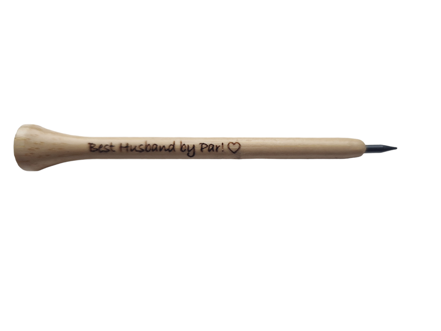 A wooden golf pencil shaped like a golf tee with lead at the tip, with the text "Best Husband by Par!" and the outline of a heart laser engraved into it.