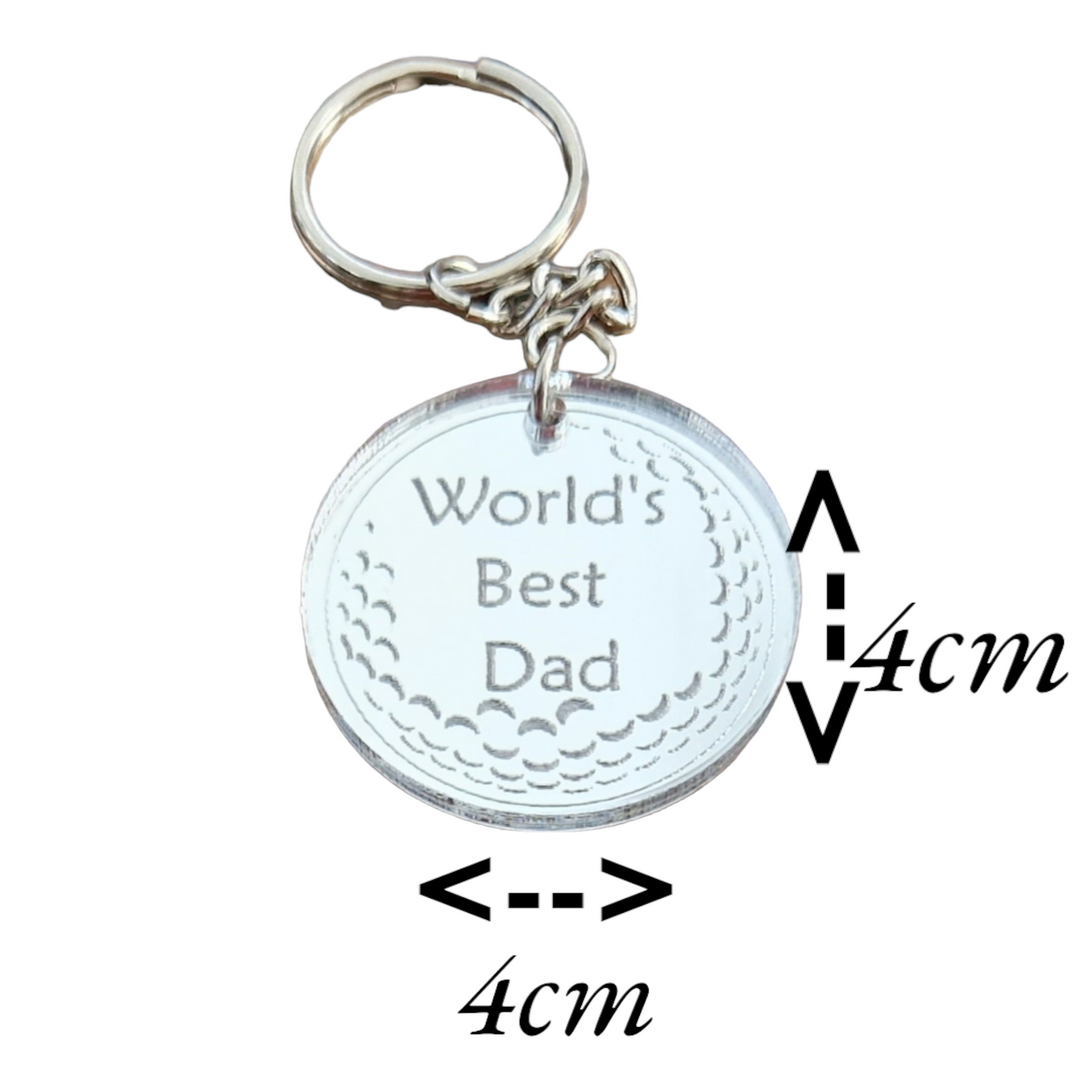 Mirror silver circle with the partial image of a golf ball and the text "World's Best Dad" laser engraved into it. The circle is attached to a metal keychain. The image shows the dimensions of the circle (4x4cm)