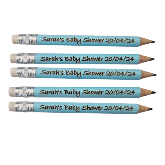 5 light blue pencils with a rubber featuring the text "Sarah's Baby Shower 20/04/24" laser engraved into them