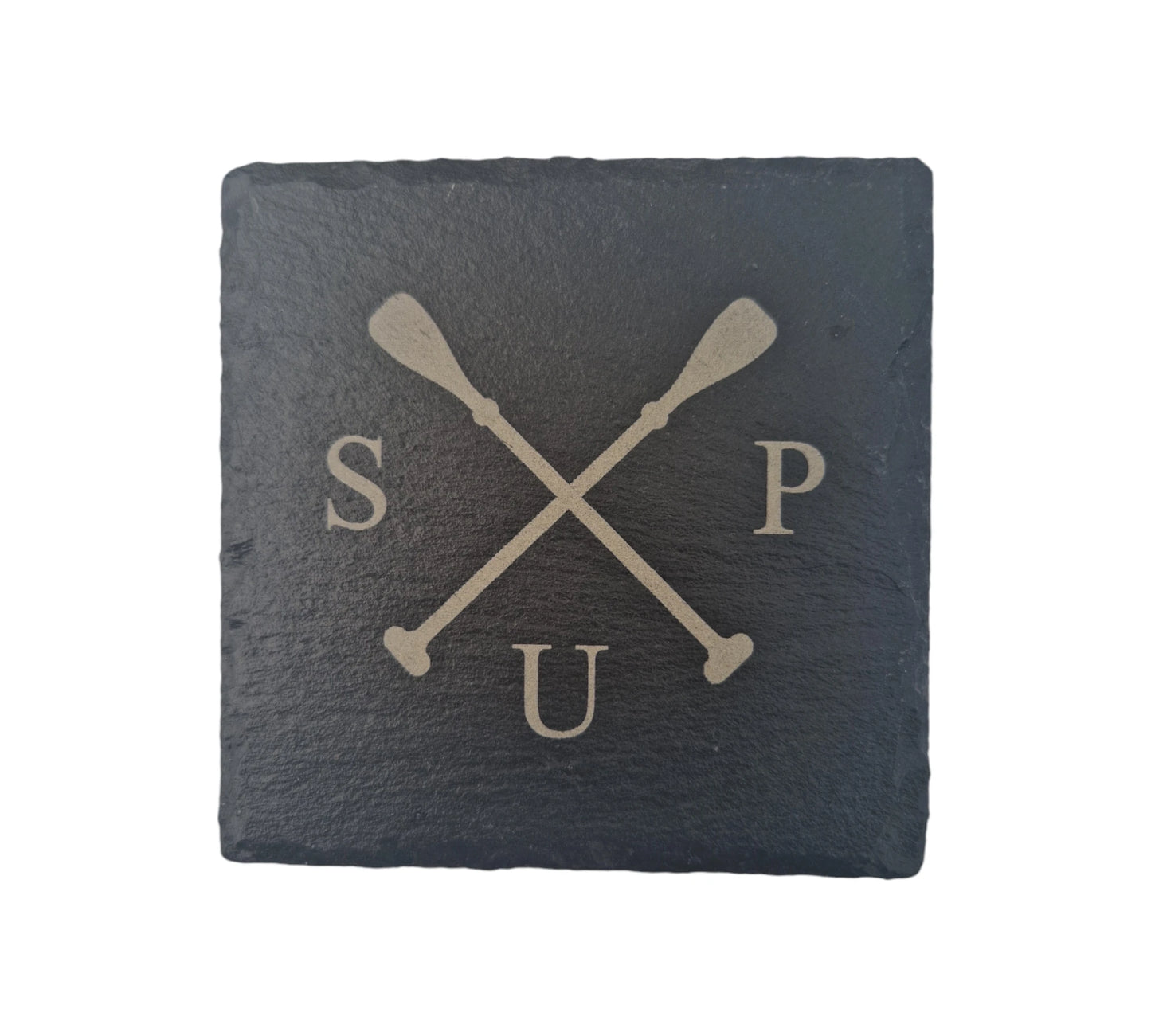 slate coaster laser engraved with 2 paddles crossed over with the letter "S" to the left of the paddles, the letter "U" under the paddles and the letter "P" to the right of the paddles