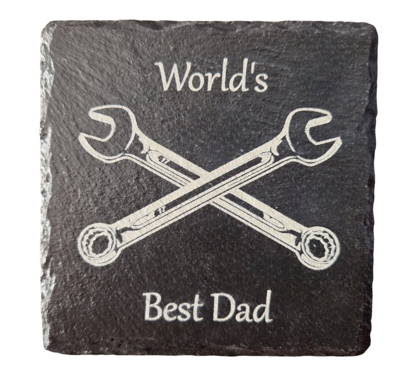 Square slate coaster with the text "World's" at the top of the coaster and "Best Dad" at the bottom of the coaster. In the centre of the coaster are two spanners crossed over to form an "X" shape.