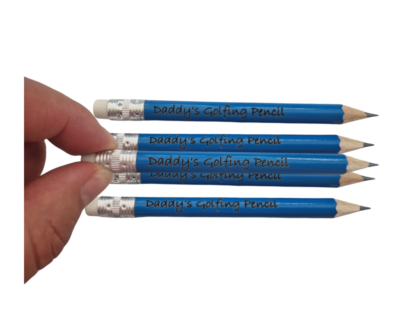 4 blue mini pencils with 1 blue mini pencil being held in front of the 4. The pencils are laser engraved with the text "Daddy's Golfing Pencil"