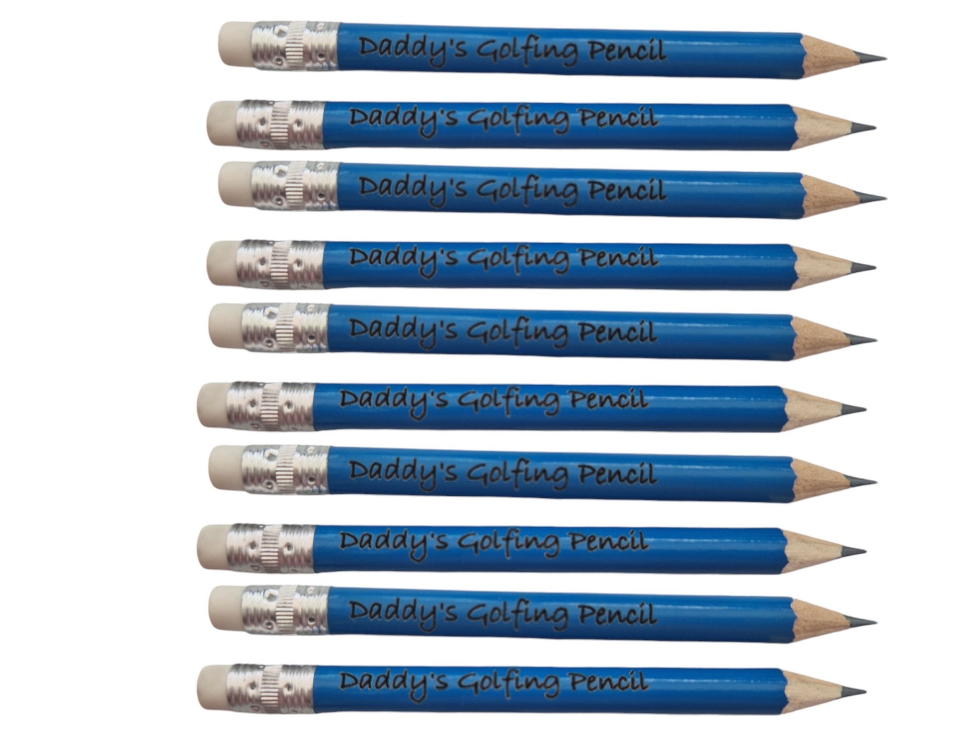 10 personalised blue mini pencils with eraser laser engraved with the text "Daddy's Golf Pencil"