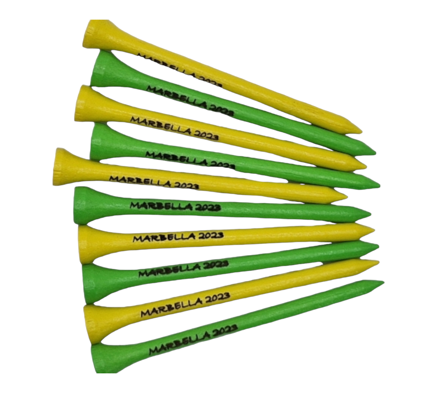 10 83mm golf tees, 5 green and 5 yellow, with the text "MARBELLA 2023" laser engraved into them