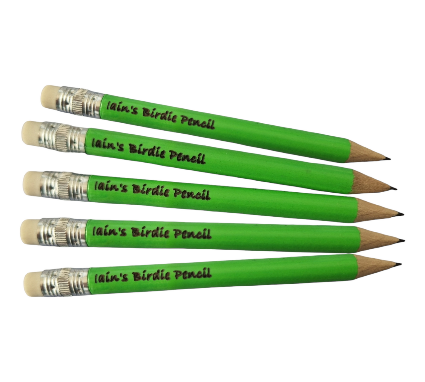 Green mini pencils with a rubber on the end featuring the text "Iain's Birdie Pencil".