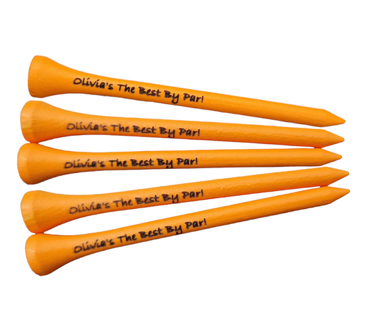 5 neon orange 83mm golf tees with the text "Olivia's The Best By Par!" laser engraved into them