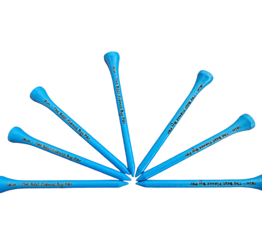 7 blue 83mm golf tees arranged in a fan shape with the personalisation "Iain - The Best Fiance By Par"