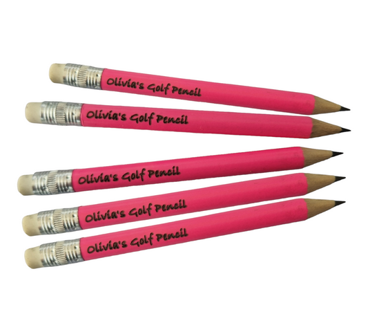 5 pink mini pencils with a rubber on the end featuring the text "Olivia's Golf Pencil" laser engraved into them