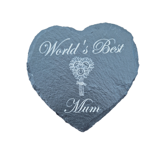 Slate heart coaster with the text "World's Best" at the top of the coaster and "Mum" and the bottom. In the centre there are 3 sunflowers arranged into a bouquet.