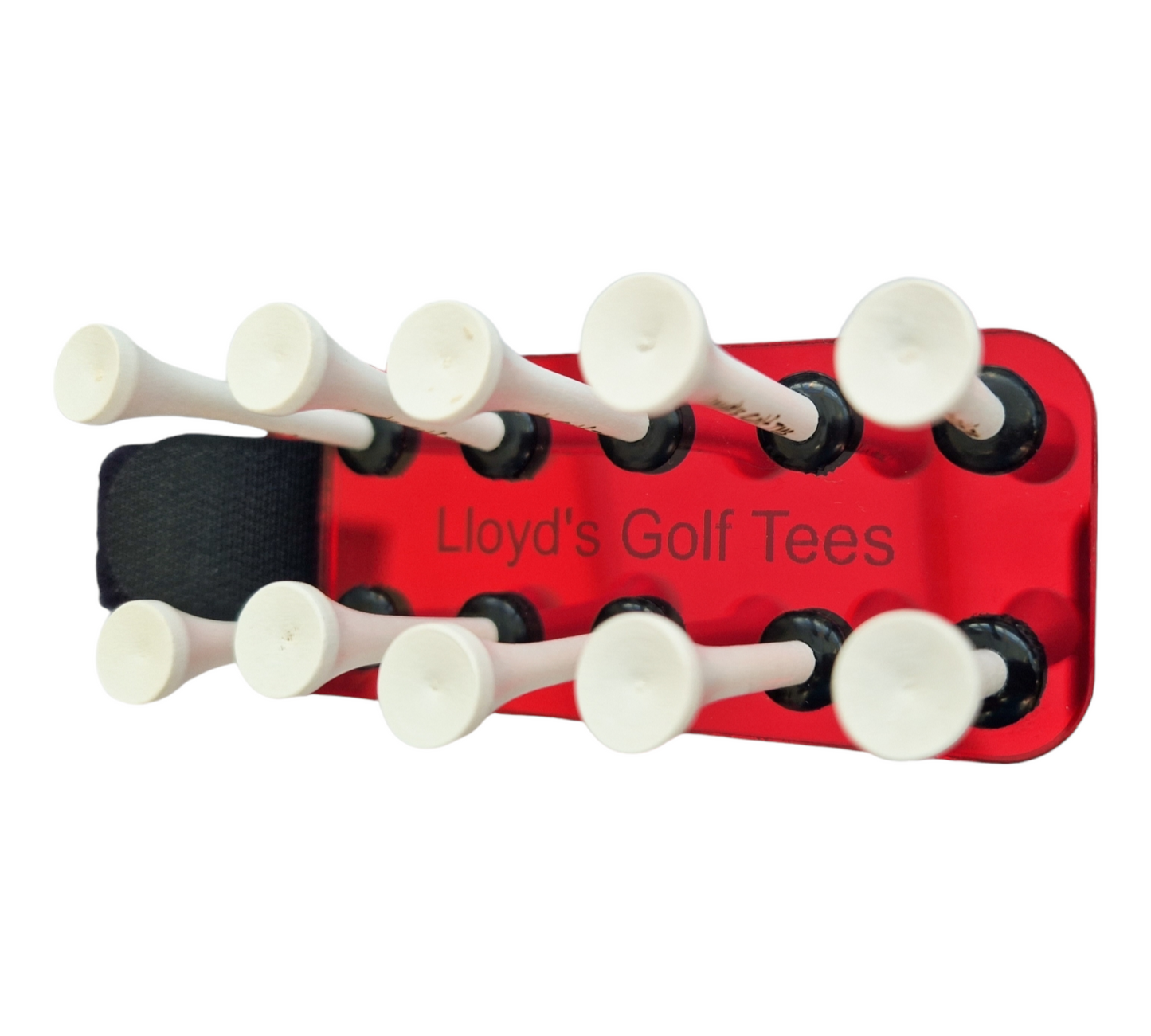 Red personalised mirror acrylic golf tee holder with 10 tees inside the holder. There is a black velcro  hanging strap. The holder is personalised with the text Lloyd's Golf Tees