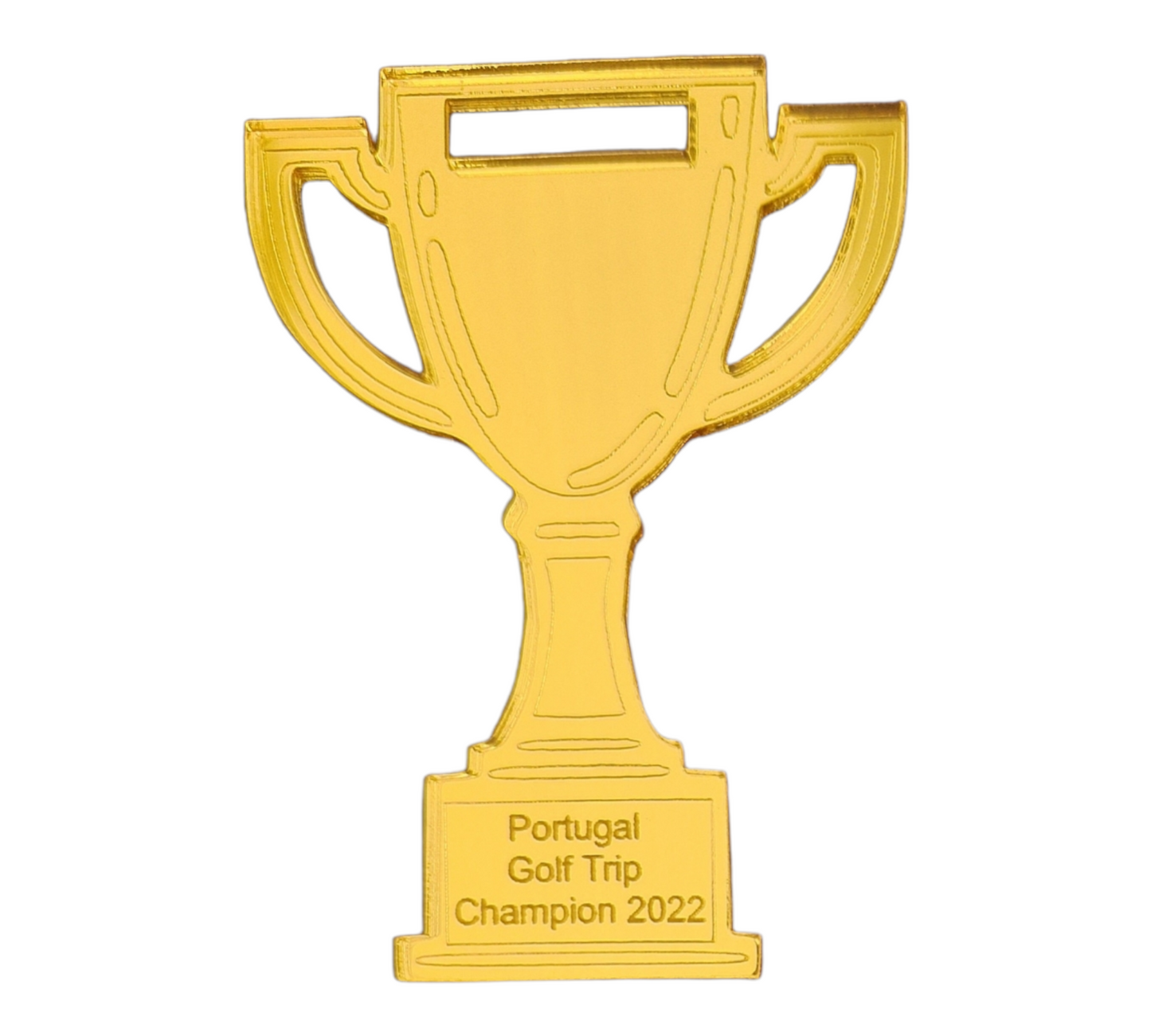 Gold golf bag trophy featuring the text "Portugal Golf Trip Champion 2022"