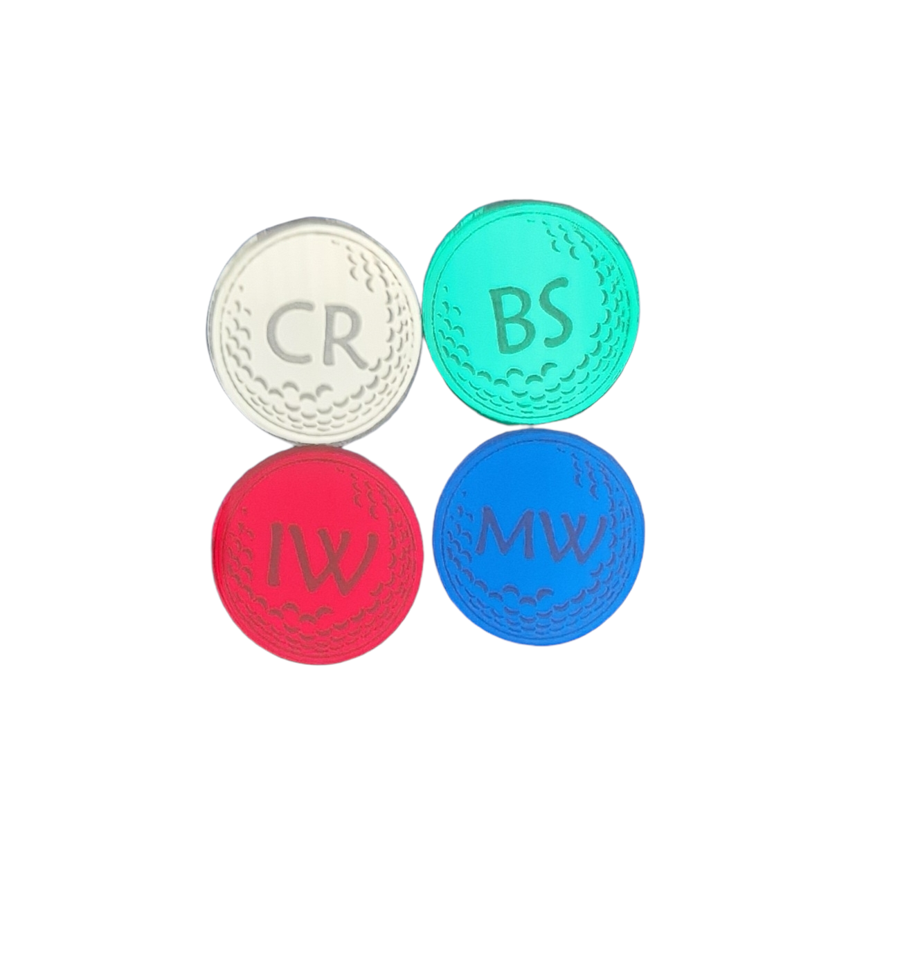  4 ball markers laser engraved with the image of a golf ball and personalised with 2 initials. Colours top left to right silver, green. Bottom left to right red, blue