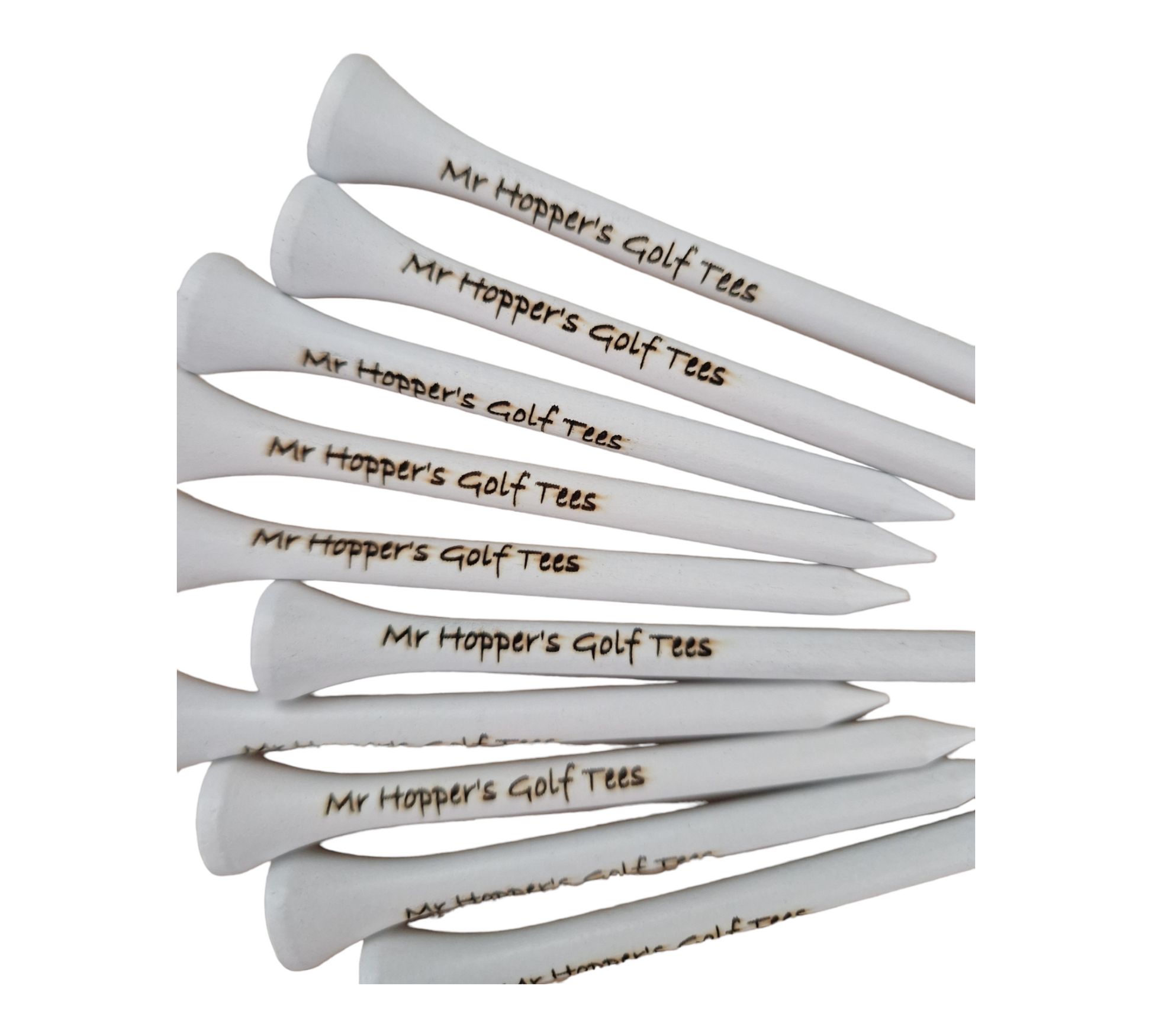 Laser engraved golf tees featuring the text "Mr Hopper's Golf Tees"