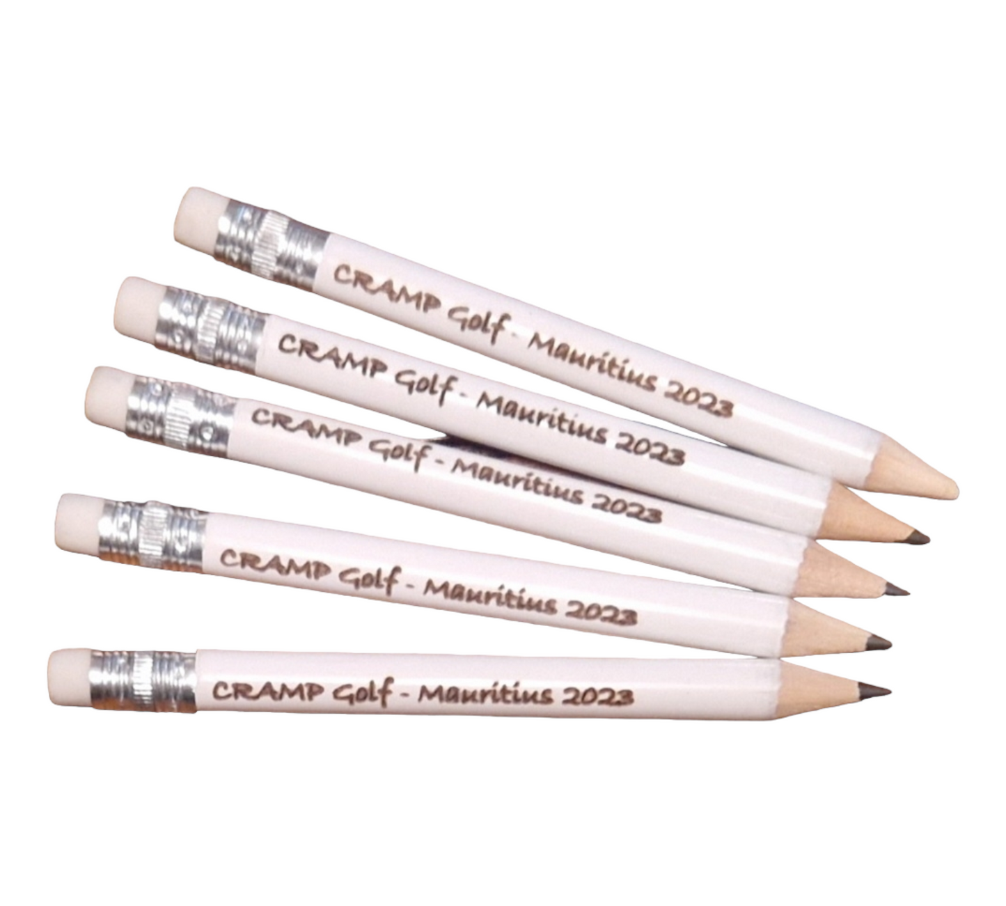 Laser engraved mini pencils featuring the text "CRAMP Golf - Mauritius 2023"