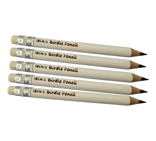 White mini pencils laser engraved with the text "Iain's Birdie Pencil"